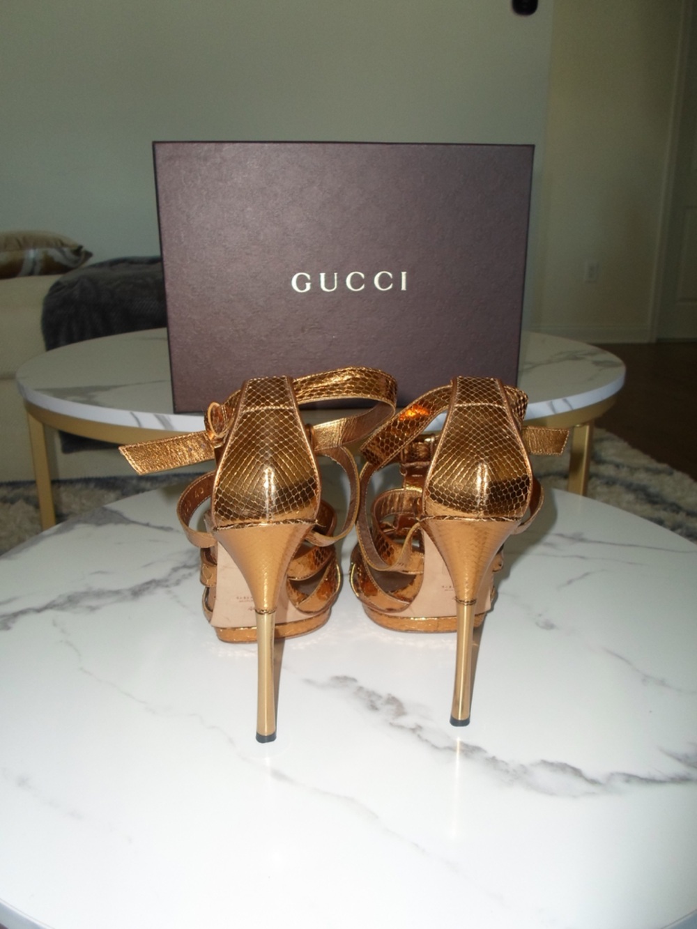 Gucci Gold Woven Snake-Embossed High Heels WITH BOX - Picture 2 of 12